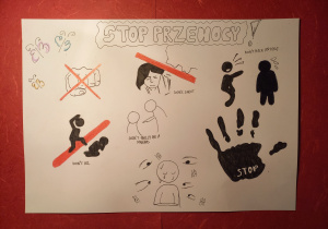 Na górze napis STOP PRZEMOCY. Grafika czarno-biała przedstawiająca formy przemocy: przekreślona pięść, bite dziecko, wyśmiewanie, krzyczenie. Po prawej stronie czarna dłoń z napisem STOP.