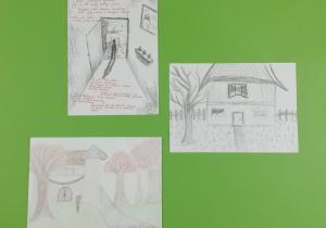 Kilka ilustracji wykonanych przez uczniów do utworu Tadeusza Różewicza „Kasztan”.