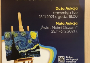 Plakat 24 Gali "Urtica Dzieciom". Na sztalugach stoi obraz w kolorach niebiesko-granatowo-żółtych. Obok informacje o dużej i małej aukcji oraz zachęta do wzięcia udziału w licytacji.