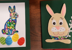 Dwie kartki wielkanocne. Z prawej beżowy królik w kształcie pisanki z baziami. Z lewej królik pokolorowany jak pisanka, obok jajek w kropki.