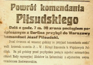 Kartka, na której znajduje się informacja o przybyciu J. Piłsudskiego z Niemiec do Polski