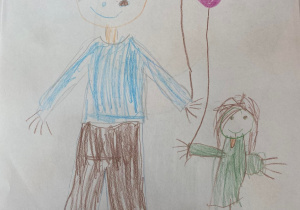 Rysunek dziewczynki na którym, idzie z tatą każde z nich i trzyma balonik.