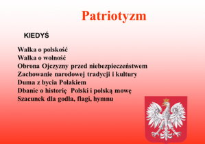 Czerwona kartka z godłem i informacjami o patriotyźmie kiedyś