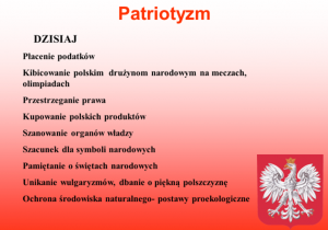 Czerwona kartka z godłem i informacjami o patriotyźmie dzisiaj