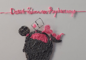 Praca o charakterze plakatu wykonana długopisem 3D. Czarna główka i wlewane do mózgu różowe serduszko.