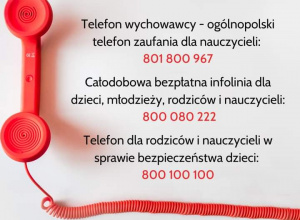 Informacja z numerami telefonów wsparcia dla nauczycieli; młodzieży, rodziców i nauczycieli i dla nauczycieli i rodziców w sprawie bezpieczeństwa dzieci.