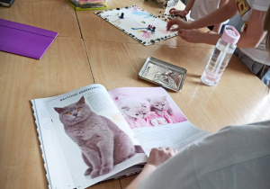 Na zdjęciu brązowy stół, przy stole są dzieci. Dziecko ogląda książkę o kotach, inne dzieci wykonują prace plastyczne. Na stole stoi butelka, leży teczka i kredki.