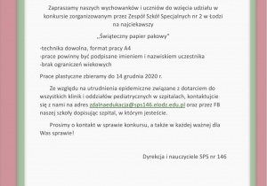 Kartka z bałwanem i zasadami konkursu plastycznego