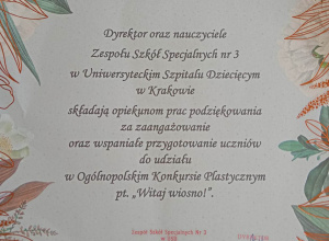 Podziękowania dla nauczycieli za przygotowanie dzieci do konkursu plastycznego - Witaj Wiosno