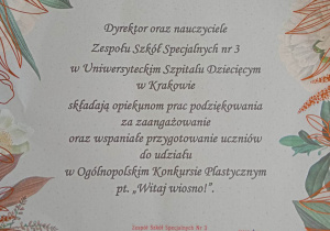 Podziękowania dla nauczycieli za przygotowanie dzieci do konkursu plastycznego - Witaj Wiosno