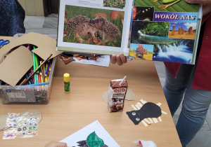 Przy beżoawym stole siedzi dziecko i rysuje jeża. Obok stoi nauczycielka i pokazuje dziecku album z jeżami.