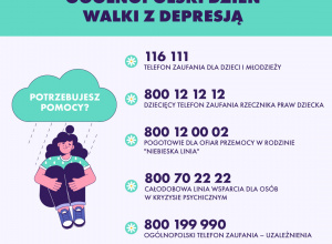 Informacja dotycząca tego, że 23 lutego przypada Ogólnopolski Dzień Walki z Depresją. Poniżej podane są numery Telefonów Zaufania.