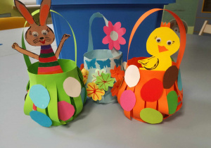 Na szarym blacie stołu stoiją trzy koszyczki wykonane z papieru. Z lewej strony do koszyczka wklejony jest brązowy kurczaczek w kolorowym ubranku, z prawej strony żółty kurczaczek. Do środkowego koszyczka przyklejone są kwiatki i motylki.