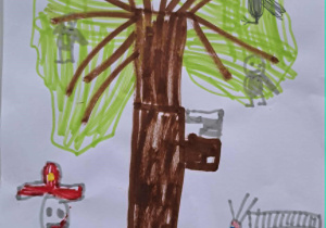 Praca wykonana mazakami na białym kartonie. Centralnie narysowany jest brązowy, gruby pień, z licznymi gałęziami wychodzącymi z góry. Domalowano jasnozieloną koronę drzewa, obejmującą wszystkie gałęzie. Siedzą na nich 3 szare ptaki. Obok drzewa stoi strażak w czerwonym stroju , a po drugiej- prawej stronie narysowany jest piękny czerwony samochód strażacki. Autorem dzieł jest 6-latek.