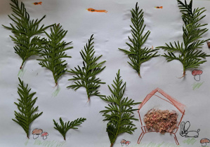 Praca przedstawia las. Na białym kartonie naklejone są drobne gałązki tui, dorysowany jest zajączek, liczne grzybki oraz paśnik dla zwierząt z doklejonym siankiem.