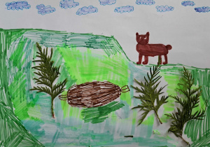 Praca wykonana mieszaną techniką, która wykorzystuje mazaki, suche pastele oraz doklejone gałązki z tui. Zaprezentowany został las z niedźwiedziem i jego gawrą.