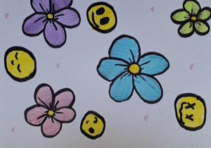 Namalowane kolorowe kwiaty i żółte pozytywne buźki.