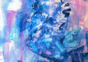 Obraz przedstawia ekspresyjną, malarską kompozycję w odcieniach niebieskiego i fioletowego, z elementami różu. Centralnym motywem jest konik morski, namalowany w stylu abstrakcyjnym, z wyraźnymi, dynamicznymi pociągnięciami pędzla. Opis szczegółowy: Główny element: Konik morski jest przedstawiony w pionowej pozycji, z charakterystycznie zakręconym ogonem u dołu. Sylwetka jest zarysowana w odcieniach błękitu, turkusu i fioletu, z akcentami ciemniejszego granatu. Na grzbiecie widoczne są wypustki, podkreślone ciemniejszymi barwami, co dodaje kontrastu. Oczy są zaznaczone drobnymi, ciemnymi punktami, co nadaje postaci wyrazistości. Tło: Tło jest wielowarstwowe, złożone z plam i smug w pastelowych odcieniach różu, fioletu i jasnego błękitu. Widać efekt nakładania farby i mieszania kolorów, co tworzy wrażenie głębi i ruchu – jakby konik morski znajdował się w wodzie. Technika i charakter: Obraz jest wykonany w technice malarskiej z wyraźnym efektem faktury i ekspresji. Styl jest abstrakcyjny, ale forma konika morskiego jest rozpoznawalna, co łączy realizm z artystyczną swobodą.