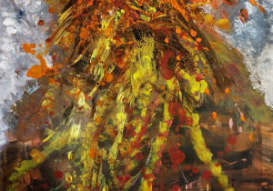 Obraz przedstawia dynamiczną, ekspresyjną kompozycję malarską w stylu abstrakcyjnym, pełną energii i kontrastów: Opis szczegółowy: Centralny motyw: W centrum znajduje się forma przypominająca wybuch lub erupcję – może kojarzyć się z wulkanem, eksplozją energii albo rozkwitającym kwiatem w bardzo ekspresyjnej interpretacji. Z góry rozchodzą się liczne plamy i smugi w odcieniach pomarańczu, czerwieni i żółci, które wyglądają jak rozpryski farby. Z dolnej części wychodzą długie, pionowe pasma w kolorze żółtym i zielonym, nadające wrażenie ruchu w dół, jak lawina lub strumienie lawy. Kolorystyka: Dominują ciepłe barwy: pomarańcz, czerwień, żółć, przeplatane ciemnym brązem i zielenią. Tło jest chłodniejsze – w odcieniach szarości, błękitu i bieli, co kontrastuje z intensywnym centrum. Technika i faktura: Widoczne są grube, dynamiczne pociągnięcia pędzla i rozpryski farby, co nadaje obrazowi energię i dramatyzm. Kompozycja jest pełna ruchu – farba zdaje się „wybuchać” z centralnego punktu, rozchodząc się w różnych kierunkach.