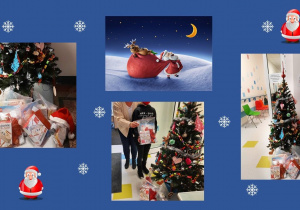 Niebieska kartka ze śnieżkami i Mikołajami, na której są zdjęcia z tematyką świąteczną