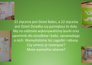 Informacja o obchodach Dnia Babci i Dziadka z laurkami wykonanymi przez dzieci