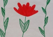 Projekt logo – czerwony kwiatek na łodydze z listkami, w zielonej liściastej ramce.