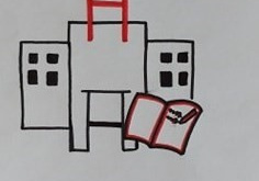 Projekt logo – szkic szpitala z otwartą książką przed budynkiem.