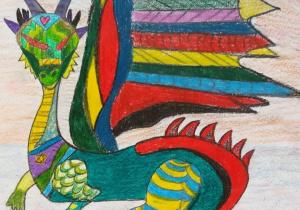 Wyróżnienie dla współautorek: Zuzanny Butlańskiej i Mai Kowalskiej ( zdjęcie nr 4) rysunek wielobarwnego, nawiązującego do kultury chińskiej smoka, z ognistym płomieniem nad głową i rozpostartymi, wzniesionymi ku górze, kolorowymi skrzydłami.