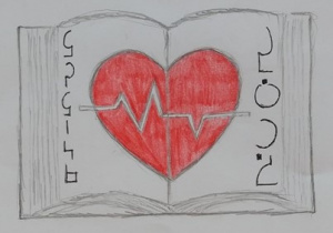 Wyróżnienie pracy Michaliny Goździk, ( zdjęcie nr 6) otwarta książka z czerwonym sercem pośrodku, przez serce przebiega zygzakowata linia symbolizująca zapis badania EKG, po prawej stronie lustrzane odbicie napisu Łódź, po lewej SPS 146.