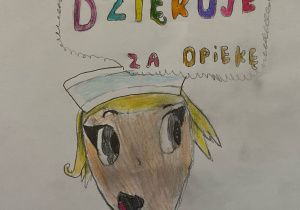 portret Pielęgniarki narysowany przez ucznia. Powyżej kolorowy napis "dziękuję za opiekę"